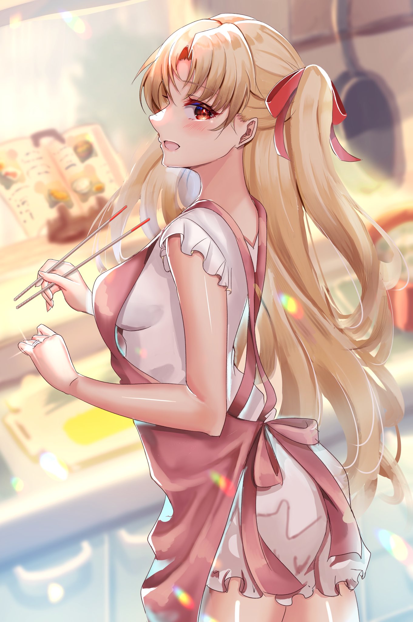 1girl apron blonde_hair blurry blurry_background blush breasts chiachun0621 chopsticks commentary commission cowboy_shot ereshkigal_(fate) eyelashes fate/grand_order fate_(series) frilled_shirt frills from_side glint hair_between_eyes half_updo hands_up highres holding holding_chopsticks indoors jewelry kitchen long_hair looking_at_viewer medium_breasts open_mouth pink_apron profile red_eyes ring shirt sideways_glance skeb_commission smile solo standing two_side_up very_long_hair wedding_ring white_shirt