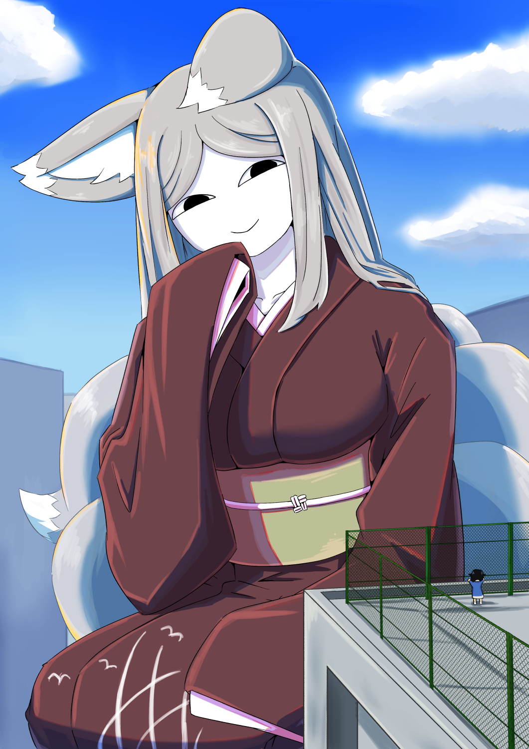 1girl 1other animal_ears borrowed_character clouds collarbone fox_ears fox_tail giant giantess highres japanese_clothes kimono long_hair looking_at_another mansion_fox_(yanaiba_(shishamohurai)) neko_040 original outdoors rooftop size_difference sleeves_past_wrists smile solo_focus tail