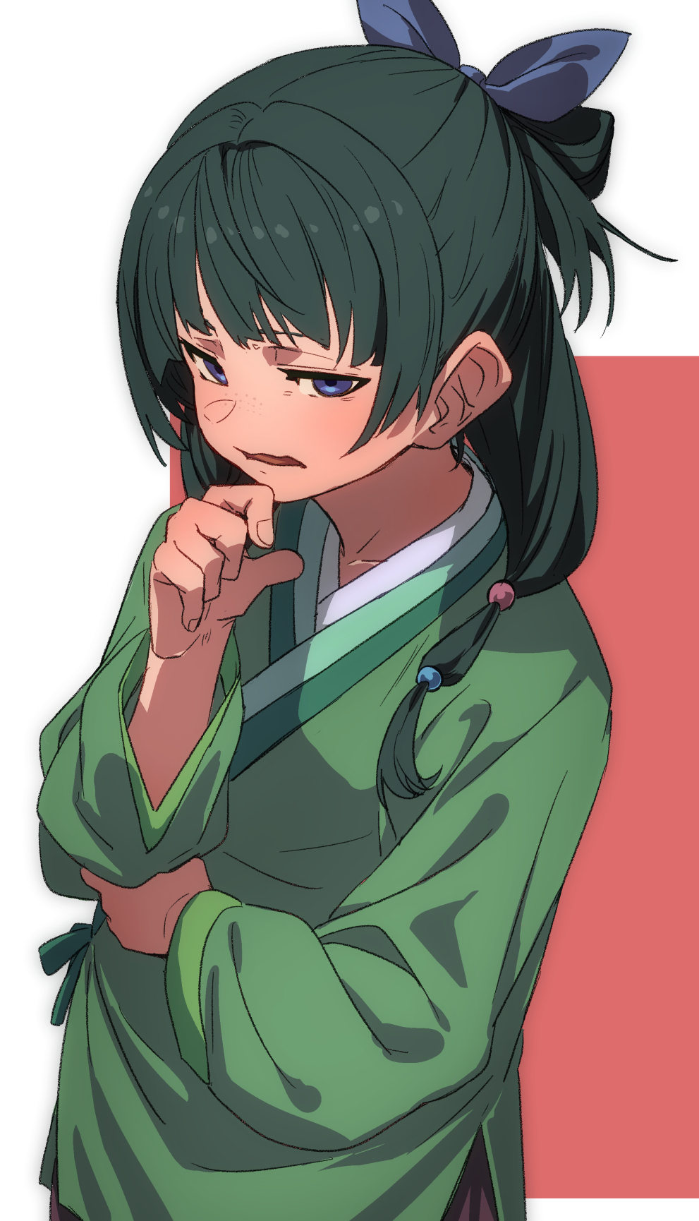 1girl blue_eyes blue_ribbon commentary_request fingernails freckles fu-ta green_hair green_kimono hair_ribbon highres japanese_clothes kimono kusuriya_no_hitorigoto long_sleeves looking_at_viewer maomao_(kusuriya_no_hitorigoto) medium_hair open_mouth red_background ribbon solo two-tone_background white_background