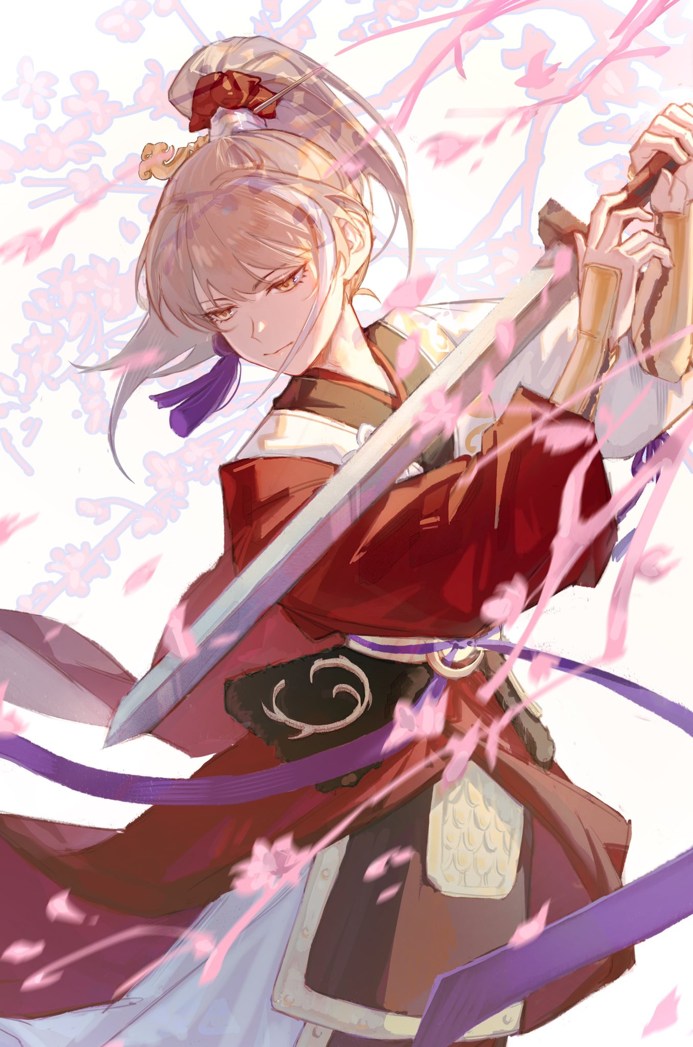 archer_(fate/samurai_remnant) arm_guards armor blonde_hair chinese_armor chinese_clothes chinese_hairpin falling_petals fate/samurai_remnant fate_(series) flower hair_ornament hanfu high_ponytail highres holding holding_sword holding_weapon multicolored_hair petals rerchien streaked_hair sword tassel tassel_hair_ornament unsheathed weapon xiao_guan_(headdress) yellow_eyes