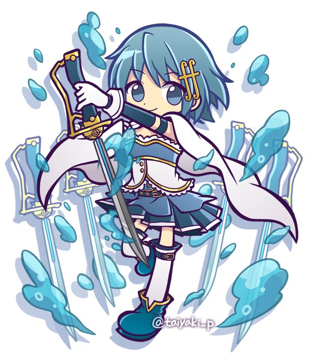 1girl belt blue_belt blue_eyes blue_footwear blue_hair blue_skirt cape closed_mouth doradorakingyo fortissimo full_body gloves hair_ornament holding holding_sword holding_weapon looking_at_viewer mahou_shoujo_madoka_magica mahou_shoujo_madoka_magica_(anime) miki_sayaka musical_note musical_note_hair_ornament parody pleated_skirt puyopuyo puyopuyo_quest shirt short_hair skirt smile solo soul_gem style_parody sword thigh-highs twitter_username weapon white_background white_cape white_gloves white_shirt white_thighhighs