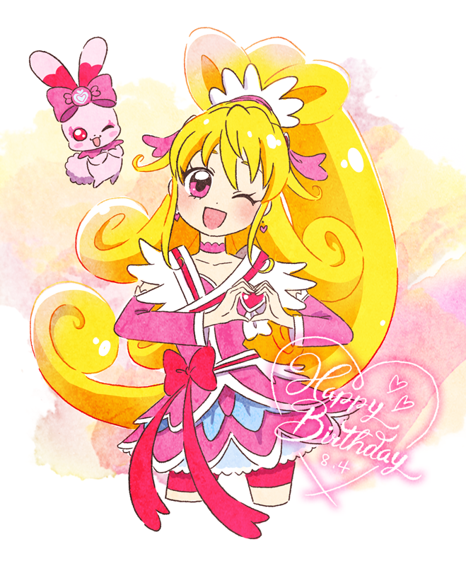 1girl aida_mana blonde_hair bow brooch choker commentary_request cure_heart dokidoki!_precure happy_birthday heart heart_brooch heart_hands hoppetoonaka3 jewelry long_hair magical_girl open_mouth pink_bow pink_choker pink_eyes pink_sleeves ponytail precure sharuru_(dokidoki!_precure) waist_bow wide_ponytail