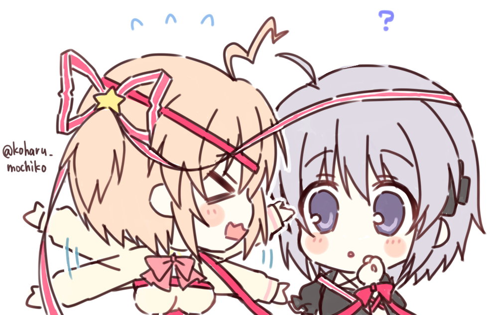 &gt;_&lt; 2girls ? ahoge arm_ribbon black_dress blush_stickers bow breasts chibi commentary company_connection crossover dress facing_away flying_sweatdrops grey_hair hair_ornament hair_ribbon hand_up haruchimo kagari_(rewrite) kamikita_komari key_(company) lightning_ahoge little_busters! long_ribbon long_sleeves looking_at_another medium_breasts motion_lines multiple_girls panicking puffy_short_sleeves puffy_sleeves red_bow red_ribbon rewrite ribbon short_hair short_sleeves simple_background star_(symbol) star_hair_ornament sweater trait_connection twitter_username upper_body violet_eyes waving_arms white_background yellow_sweater