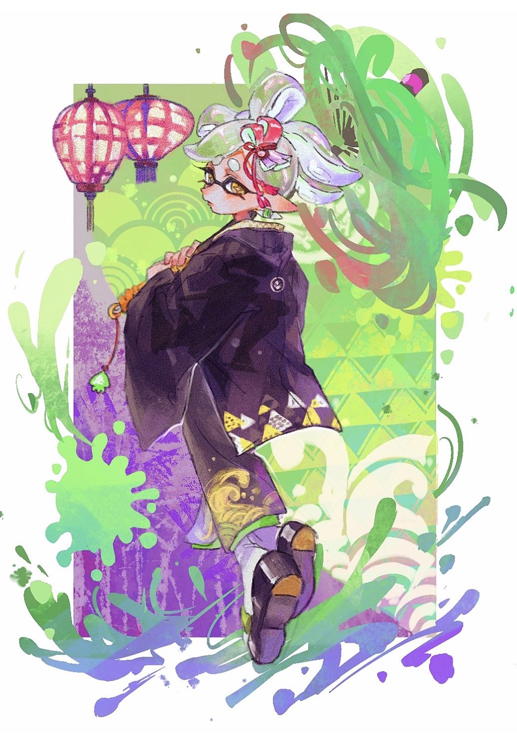 1girl black_footwear border bow-shaped_hair commentary_request eyelashes from_behind full_body green_background highres holding holding_umbrella japanese_clothes kimono lamp looking_back marie_(splatoon) paint_splatter pointy_ears shoes short_hair socks solo splatoon_(series) splatoon_1 star-shaped_pupils star_(symbol) symbol-shaped_pupils tentacle_hair thenintlichen96 thick_eyebrows umbrella white_border white_hair white_socks yellow_eyes