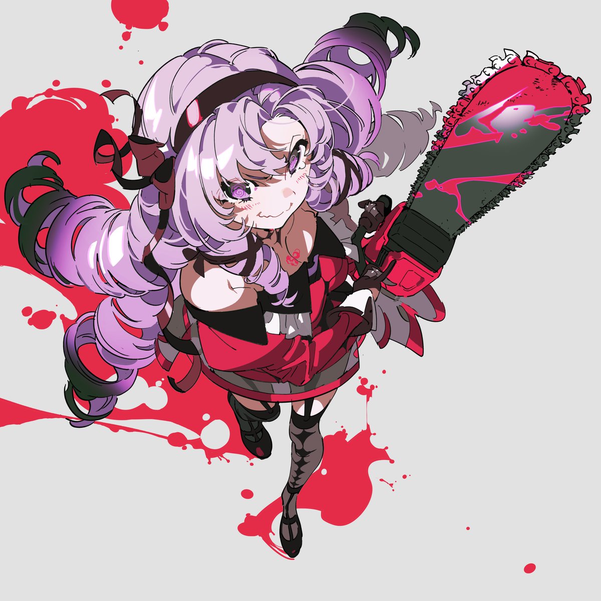 @_@ argyle argyle_legwear black_bow black_hairband blood blood_splatter bow chainsaw chest_tattoo dress drill_hair drill_sidelocks from_above grey_background hairband highres holding holding_chainsaw hyakumantenbara_salome hyakumantenbara_salome_(1st_costume) looking_at_viewer nijisanji off-shoulder_dress off_shoulder parted_bangs purple_hair red_dress red_sleeves sidelocks simple_background smile tattoo tears thigh-highs violet_eyes virtual_youtuber yoneyama_mai