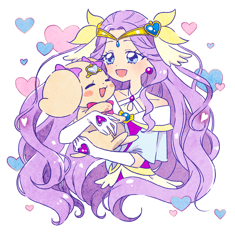 1girl :d blue_eyes blush bow circlet commentary_request cure_earth dog dress earrings elbow_gloves fuurin_asumi gloves healin'_good_precure healing_animal heart hoppetoonaka3 jewelry latte_(precure) long_hair magical_girl open_mouth precure purple_dress purple_hair smile white_gloves