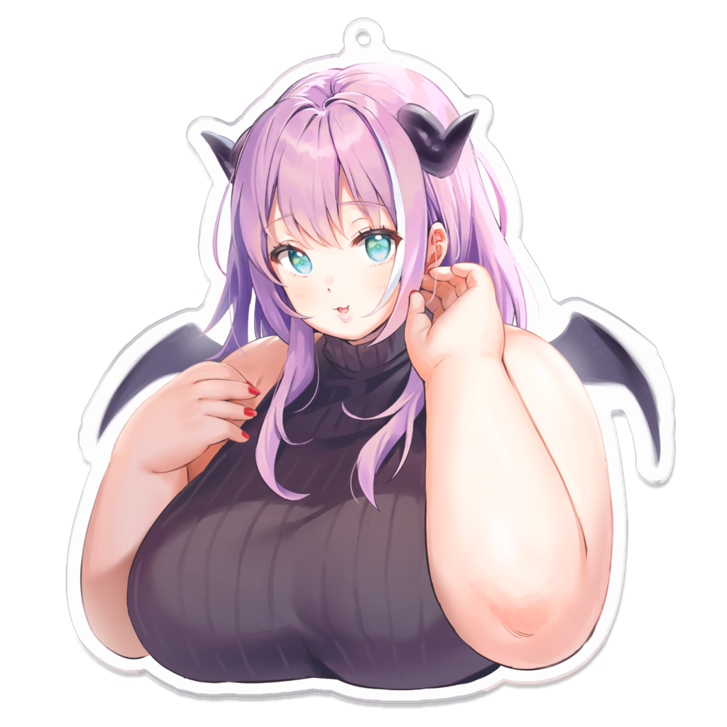 1girl agano_mai aqua_eyes artist_request breasts commentary_request dot_nose fat hair_between_eyes horns huge_breasts indie_virtual_youtuber long_hair looking_at_viewer mini_wings parted_lips purple_hair ribbed_sweater sleeveless solo sweater thick_arms turtleneck turtleneck_sweater upper_body virtual_youtuber wings