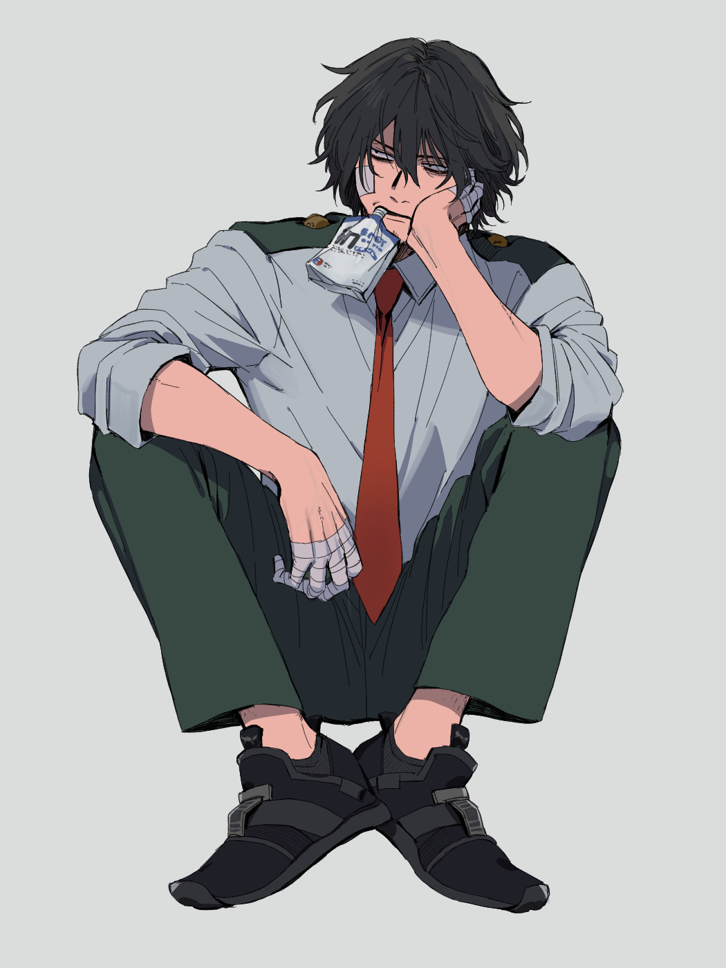 1boy ankle_socks bags_under_eyes bandage_on_face bandaged_hand bandages black_footwear black_hair black_socks boku_no_hero_academia collared_shirt drink_pouch eraser_head_(boku_no_hero_academia) green_pants grey_background hair_between_eyes highres looking_to_the_side male_focus mouth_hold necktie pants red_necktie rnuyvm shirt short_hair short_sleeves sitting socks solo