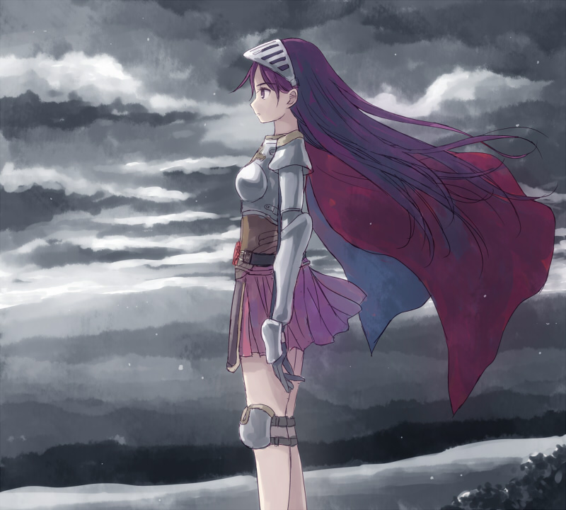 1girl armor belt black_belt black_gloves boobplate cape closed_mouth commentary_request dated_commentary expressionless feet_out_of_frame from_side gauntlets gloves grey_sky long_hair looking_afar lord_knight_(ragnarok_online) medium_bangs miniskirt outdoors overcast pauldrons pink_skirt poleyn profile purple_hair ragnarok_online red_cape shoulder_armor skirt sky solo standing very_long_hair violet_eyes visor_(armor) wind yakka