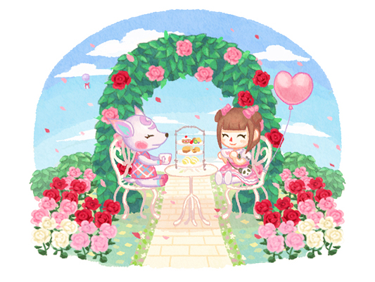 2girls ^_^ animal_bag animal_crossing arch bag balloon blue_sky blunt_bangs blush box brown_hair bush cake cake_slice chair closed_eyes closed_mouth clouds commentary_request cookie cup day deer_girl diana_(animal_crossing) double_bun dress falling_petals flower food furry furry_female gift gift_box grass hair_bun hair_ornament hands_up heart_balloon holding holding_cup moai_(aoh) multiple_girls on_chair outdoors petals pink_dress pink_flower pink_rose pink_skirt puffy_short_sleeves puffy_sleeves red_flower red_rose rose shirt shoes short_hair short_sleeves sidelocks sitting skirt sky sleeveless sleeveless_dress smile stone_walkway table teacup tiered_tray villager_(animal_crossing) white_flower white_footwear white_rose white_shirt