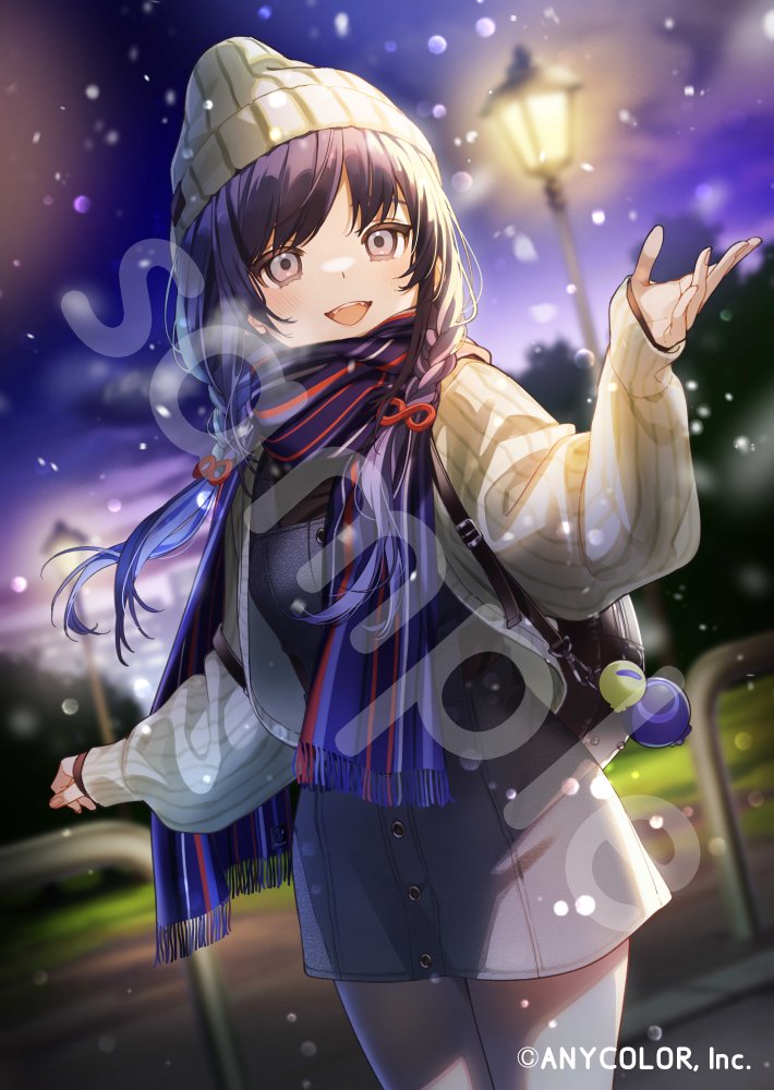 1girl :d backpack bag bag_charm beanie black_shirt blurry blurry_background booota charm_(object) choppy_bangs copyright_notice cowboy_shot dress fringe_trim grass grey_dress grey_eyes guard_rail hand_up hat jacket lamppost long_hair long_sleeves looking_at_viewer low_twintails multicolored_hair night nijisanji official_art outdoors pinafore_dress ponto_nei purple_hair purple_scarf sample_watermark scarf shirt short_dress sleeveless sleeveless_dress sleeves_past_wrists smile snowing solo streaked_hair striped striped_scarf sweater_jacket teeth tree twintails upper_teeth_only virtual_youtuber watermark white_headwear white_jacket