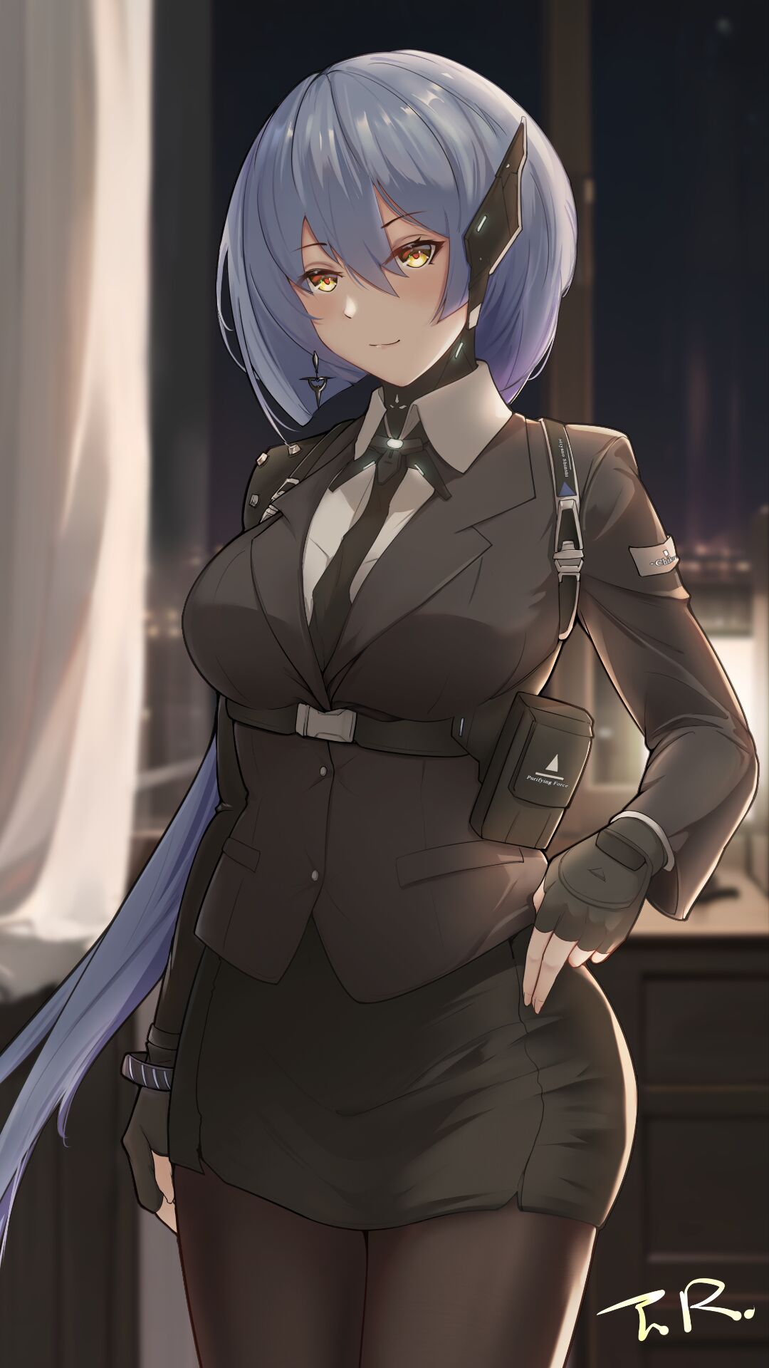1girl black_jacket black_necktie black_pantyhose blue_hair blurry blurry_background bracelet breasts buckle chest_harness chiko_(punishing:_gray_raven) chinese_commentary cityscape collared_shirt commentary_request commission cowboy_shot cross cross_earrings curtains earpiece earrings fingerless_gloves gloves hair_between_eyes hand_on_own_hip harness highres indoors jacket jewelry light_blush looking_at_viewer medium_breasts necktie night night_light night_sky nightstand pantyhose partial_commentary pencil_skirt pouch punishing:_gray_raven second-party_source shirt signature single_earring single_shoulder_pad skirt sky solo suit_jacket t._r. underbust white_shirt yellow_eyes