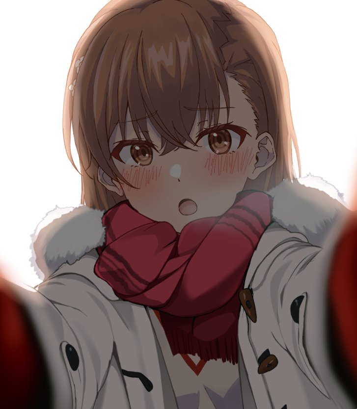 1girl :o blurry blurry_foreground blush breath brown_eyes brown_hair brown_sweater_vest close-up coat cold commentary depth_of_field duffel_coat fur-trimmed_coat fur-trimmed_hood fur_trim hair_between_eyes hair_ornament hairclip halya_meri hood hood_down looking_at_viewer misaka_mikoto mittens open_clothes open_coat open_mouth portrait raised_eyebrows reaching reaching_towards_viewer red_mittens red_scarf scarf simple_background solo sweater_vest toaru_kagaku_no_railgun toaru_majutsu_no_index toggles white_background winter_clothes winter_coat