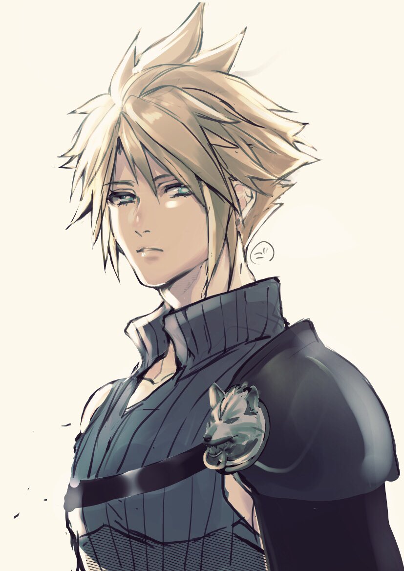 1boy black_sleeves blonde_hair blue_eyes closed_mouth cloud_strife collarbone commentary_request detached_sleeves earrings final_fantasy final_fantasy_vii final_fantasy_vii_advent_children gogochi55 jewelry looking_at_viewer male_focus popped_collar ribbed_shirt shirt short_hair signature simple_background single_bare_shoulder single_detached_sleeve single_shoulder_pad solo spiky_hair stud_earrings upper_body