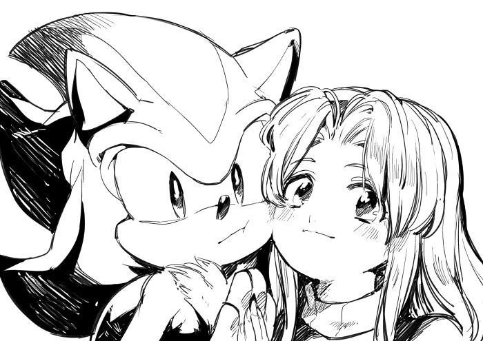 1boy 1girl :t animal_ears animal_nose aoki_(fumomo) blush body_fur cheek-to-cheek closed_mouth commentary_request furry furry_male greyscale hair_intakes hairband hand_on_another's_hand hands_up happy heads_together long_hair looking_at_viewer maria_robotnik monochrome neck_fur palms_together partial_commentary shadow_the_hedgehog sidelocks simple_background sketch smile sonic_(series) sonic_adventure_2 spiky_hair upper_body white_background