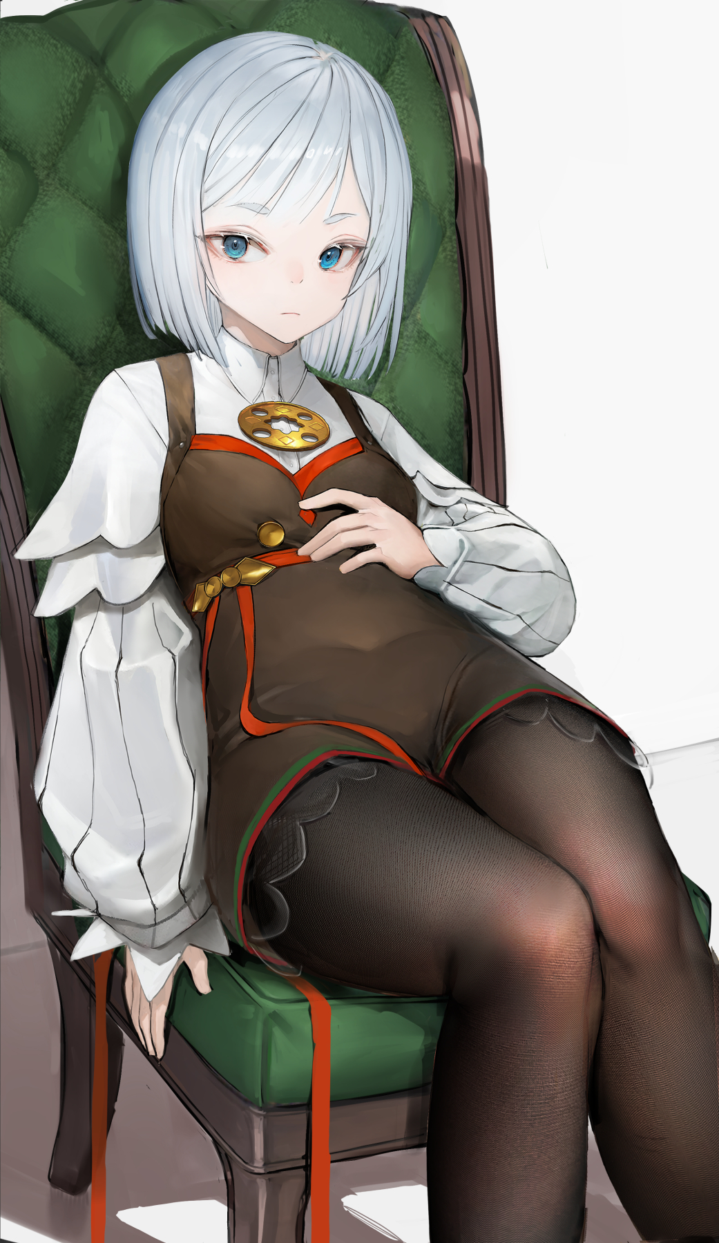 1girl akershus_fortress_(oshiro_project) black_dress black_pantyhose blue_eyes bob_cut chair closed_mouth commission dress fine_fabric_emphasis grey_hair hand_on_own_stomach highres long_sleeves looking_at_viewer navel nyatabe oshiro_project oshiro_project_re pantyhose puffy_long_sleeves puffy_sleeves shirt short_hair simple_background sitting skeb_commission solo thighs tsurime white_background white_shirt