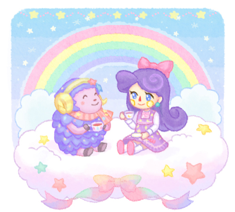2girls ^_^ animal_crossing blue_eyes blue_sky blush bow closed_eyes closed_mouth clouds commentary_request cup curled_horns dress earrings etoile_(animal_crossing) furry furry_female hair_bow hairband hand_up hands_up holding holding_cup horns jewelry kneehighs long_hair long_sleeves lowres moai_(aoh) multiple_girls on_cloud pinafore_dress pink_bow pink_footwear pink_scarf purple_dress purple_hair rainbow saucer scarf sheep_girl shirt shoes sitting sky sleeveless sleeveless_dress smile socks sphere_earrings star_(symbol) striped striped_scarf tea teacup villager_(animal_crossing) white_shirt white_socks yellow_hairband yellow_horns
