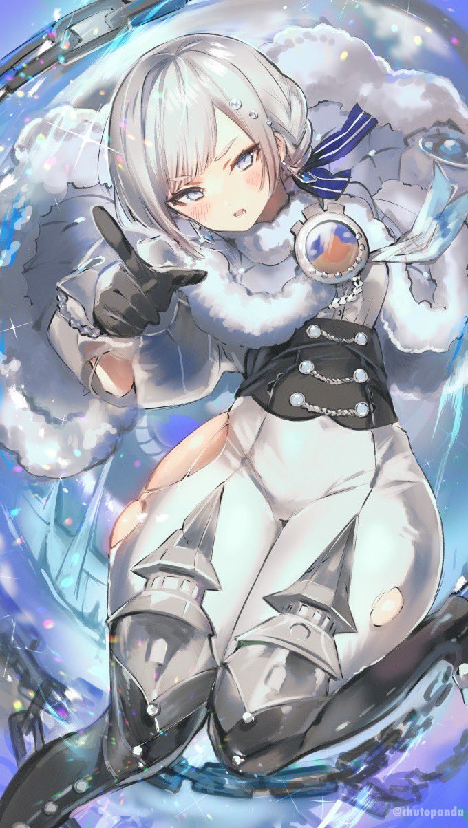 1girl akershus_fortress_(oshiro_project) ba_kanoko badge black_gloves blue_cape blue_cloak blue_eyes blush bodysuit boots braid breasts cape chain cloak corset fluff fur-trimmed_cape fur-trimmed_cloak fur_trim gloves grey_hair hair_ornament highres long_sleeves looking_at_viewer open_mouth oshiro_project oshiro_project_re padded_cloak pants pointing pointing_at_viewer short_hair solo thick_thighs thigh_boots thighs tight_clothes tight_pants torn torn_bodysuit torn_clothes white_bodysuit