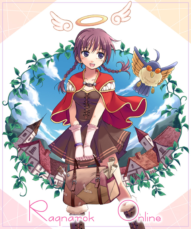 1girl ahoge angel_wings bag bird blue_bird blue_eyes blue_sky boots braid breasts brown_dress brown_footwear brown_hair building cape church clouds copyright_name creator_(ragnarok_online) cross-laced_footwear day dress feet_out_of_frame filir_(ragnarok_online) fur-trimmed_footwear fur_trim gloves halo holding holding_bag long_hair looking_to_the_side low_twin_braids medium_bangs open_mouth plant ragnarok_online red_cape skirt sky small_breasts smile solo twin_braids vines violet_eyes white_gloves wings wristband yakka