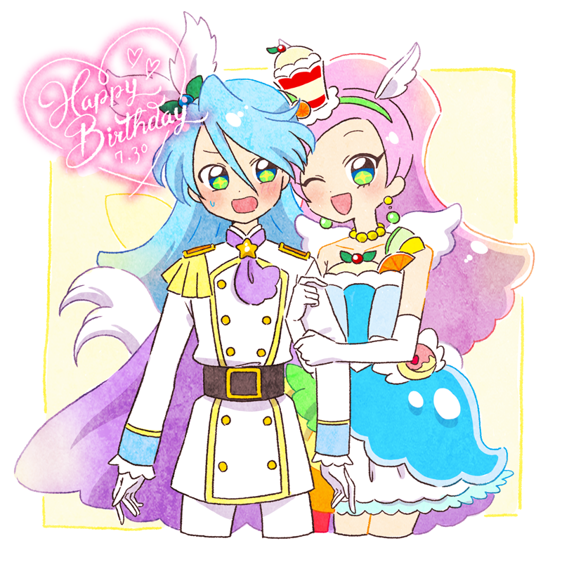 1boy 1girl animal_ears blue_hair blush bow brother_and_sister cape cure_parfait dress embarrassed food food-themed_hair_ornament fruit gloves hair_ornament happy_birthday holding_another's_arm hoppetoonaka3 jewelry julio_(precure) kirahoshi_ciel kirakira_precure_a_la_mode long_hair magical_boy magical_girl multicolored_eyes one_eye_closed open_mouth orange_(fruit) orange_slice pikario_(precure) pink_hair precure siblings smile tail white_gloves