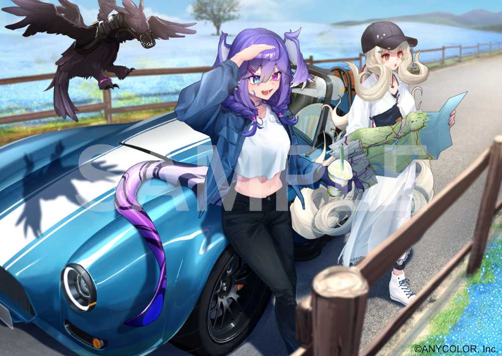 2girls :d :o baseball_cap black_headwear black_pants blonde_hair blue_eyes blue_flower blue_jacket blunt_bangs braid car claws convertible copyright_notice crop_top cup curly_hair day disposable_cup dragon dragon_girl dragon_tail dress drinking_straw ember_(selen_tatsuki) fanny_pack feet_out_of_frame field flower flower_field full_body hair_between_eyes hair_ornament hairclip hat head_wings heart heart_necklace heterochromia high_tops holding holding_cup holding_map jacket jewelry long_hair long_sleeves low_ponytail map medium_hair midriff mini_dragon motor_vehicle mountain multiple_girls muzzle necklace nijisanji nijisanji_en official_art open_clothes open_jacket pants pink_eyes purple_hair purple_wings railing red_eyes reimu_endou road salute sample_watermark selen_tatsuki shadow shirt shoes smile sneakers sports_car standing street tail tree twin_braids very_long_hair virtual_youtuber watermark white_dress white_footwear white_shirt wings you'a