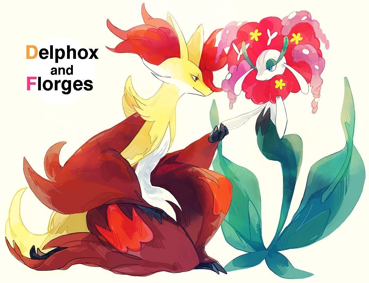 1girl 1other couple delphox eye_contact florges hand_grab hand_on_own_hip kneeling looking_at_another monster_girl no_humans plant_girl pokemon_(creature) red_fur white_fur yellow_fur