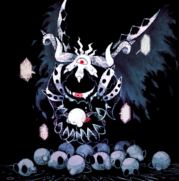 1other bad_end black_background closed_eyes commentary_request crown disembodied_limb horns kakuredo_ura kirby kirby's_return_to_dream_land_deluxe kirby_(series) lying magolor magolor_soul master_crown multiple_persona no_humans spoilers