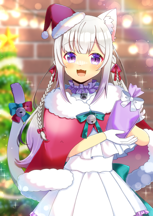 1girl :3 :d animal_ear_fluff animal_ears bell blue_bow blurry blurry_background bow brick_wall capelet cat_ears cat_girl cat_tail christmas_ornaments christmas_tree commentary_request commission depth_of_field dress fang fur-trimmed_capelet fur-trimmed_headwear fur_trim gift hair_bow hat holding holding_gift indie_virtual_youtuber jingle_bell kou_hiyoyo looking_at_viewer mini_hat mini_santa_hat nekome_shia pleated_dress red_bow red_capelet red_headwear santa_hat skeb_commission smile solo star_(symbol) tail tail_bell tail_ornament tilted_headwear violet_eyes virtual_youtuber white_dress