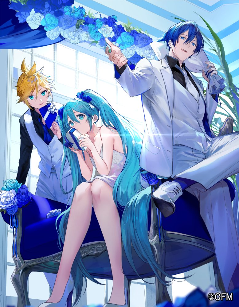 1girl 2boys :d aqua_eyes aqua_flower aqua_hair aqua_rose beckoning black_shirt blonde_hair blue_eyes blue_flower blue_hair blue_necktie blue_rose blue_socks border0715 bouquet box collared_shirt copyright_notice couch dot_mouth dress figure_four_sitting flower foot_out_of_frame full_body gift gift_box hair_between_eyes hair_flower hair_ornament hatsune_miku heart-shaped_box high_heels holding holding_bouquet holding_gift indoors jacket kagamine_len kaito_(vocaloid) knees_together_feet_apart lapels leaning_forward long_hair long_sleeves looking_at_viewer multiple_boys necktie notched_lapels official_art open_clothes open_collar open_jacket oxfords pants parted_lips plant rose shirt shoes short_hair sleeveless sleeveless_dress smile socks spaghetti_strap suit suit_jacket topknot twintails very_long_hair vest vocaloid white_dress white_flower white_footwear white_jacket white_necktie white_pants white_rose white_suit white_vest window