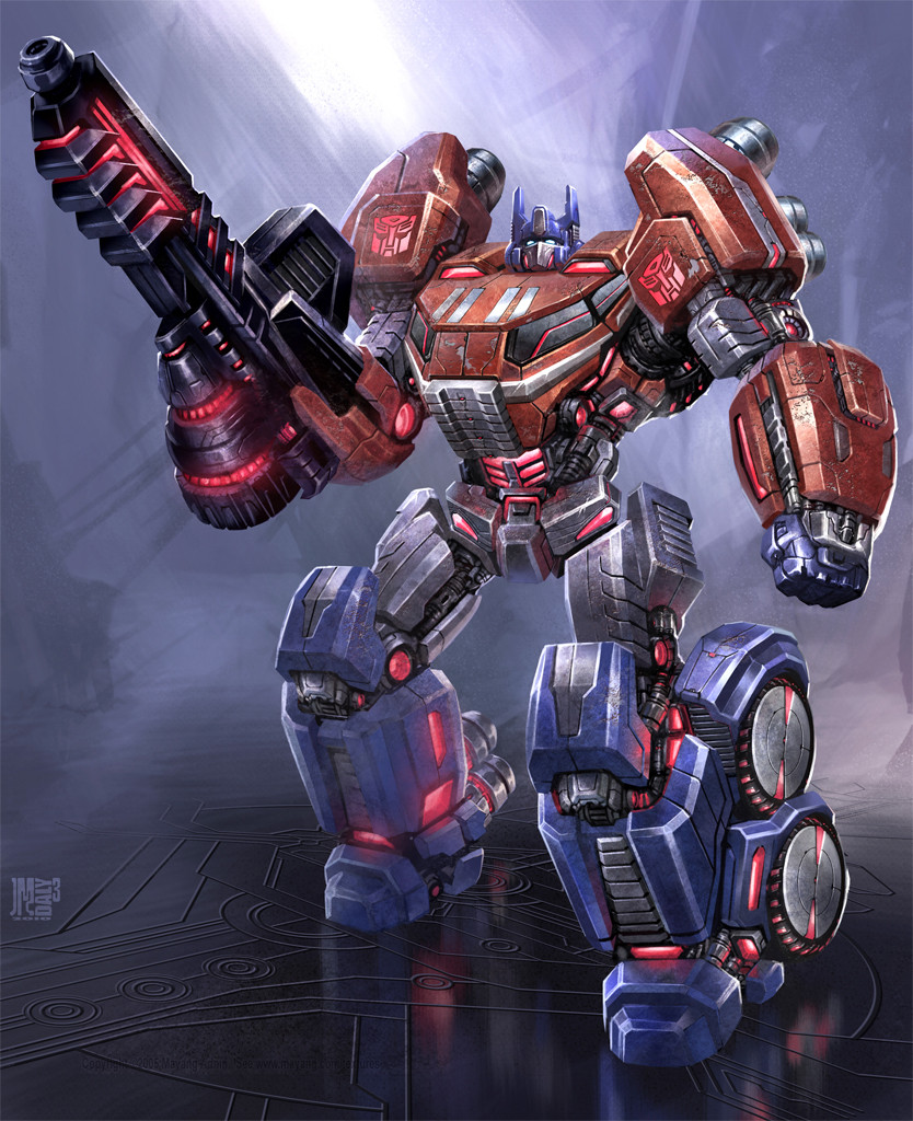 arm_cannon autobot clenched_hand concept_art cybertron emblem energy_cannon english_commentary glint jamesdaly light machinery mecha no_humans official_art official_style optimus_prime production_art realistic redesign reflection robot science_fiction signature transformers transformers:_fall_of_cybertron weapon