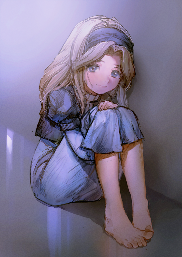 1girl against_wall aoki_(fumomo) barefoot blonde_hair blue_dress blue_eyes blue_hairband blue_jacket blush closed_mouth commentary_request cropped_jacket dress feet full_body grey_background hair_intakes hairband hand_on_own_knee hugging_own_legs jacket knees_up leaning_to_the_side legs_together light_blush long_hair looking_at_viewer maria_robotnik on_floor partial_commentary puffy_short_sleeves puffy_sleeves short_sleeves sidelocks sitting solo sonic_(series) toes