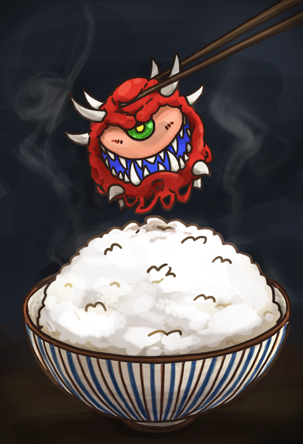 blush bowl cacodemon chopsticks colored_sclera commentary_request creature demon demon_horns doom_(series) food_focus green_sclera holding holding_creature horns kurashiki_nanka looking_at_viewer no_humans one-eyed open_mouth rice rice_bowl sharp_teeth smile steam teeth yellow_pupils