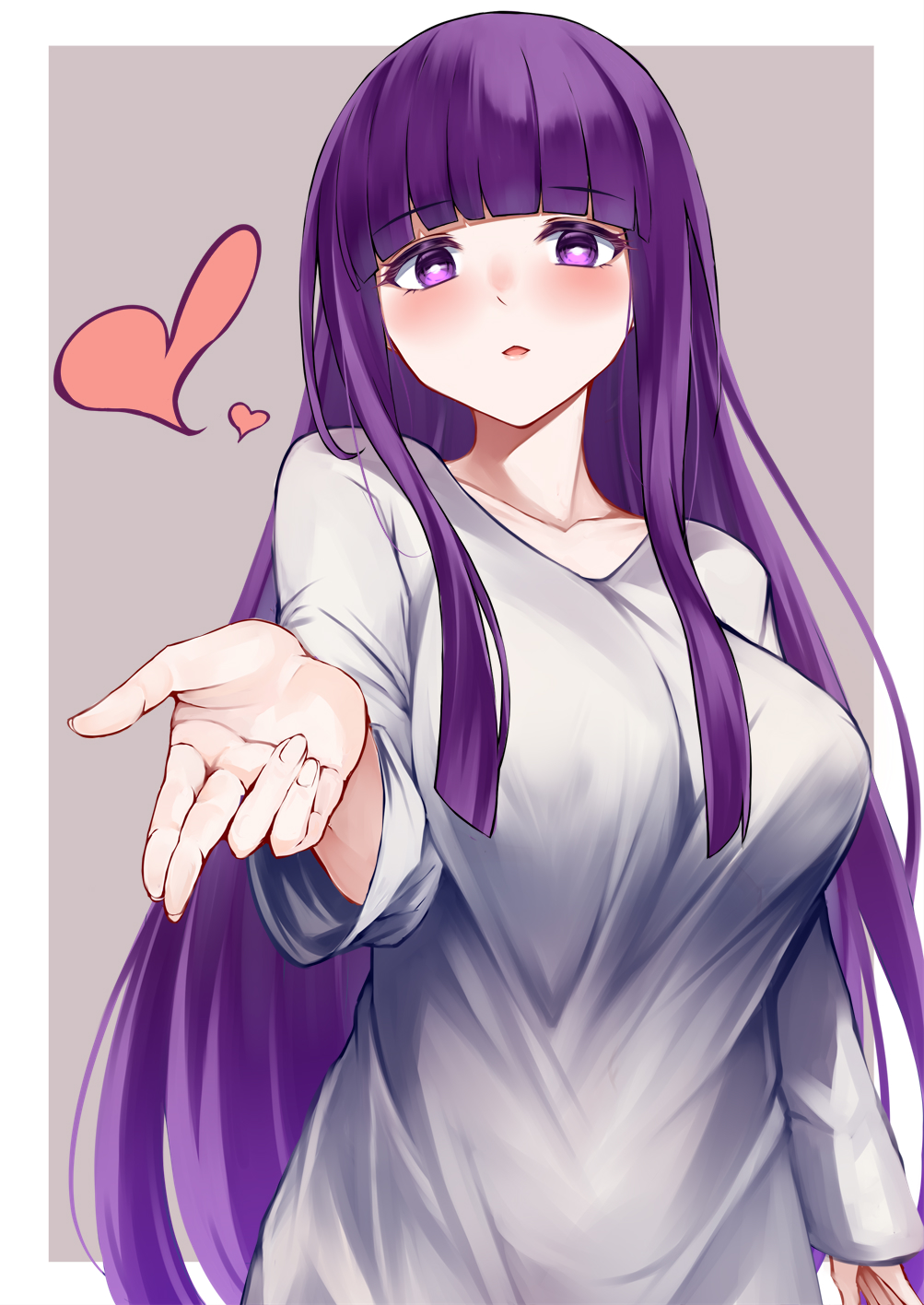 1girl alternate_costume arm_at_side blowing_kiss blunt_bangs blunt_ends blush border breasts bright_pupils collarbone colored_eyelashes commentary_request eyelashes fern_(sousou_no_frieren) fingernails foreshortening grey_background heart highres irohara large_breasts long_hair long_sleeves looking_at_viewer open_mouth purple_hair reaching reaching_towards_viewer shirt sidelocks simple_background smile solo sousou_no_frieren standing straight_hair upper_body very_long_hair violet_eyes white_border white_shirt