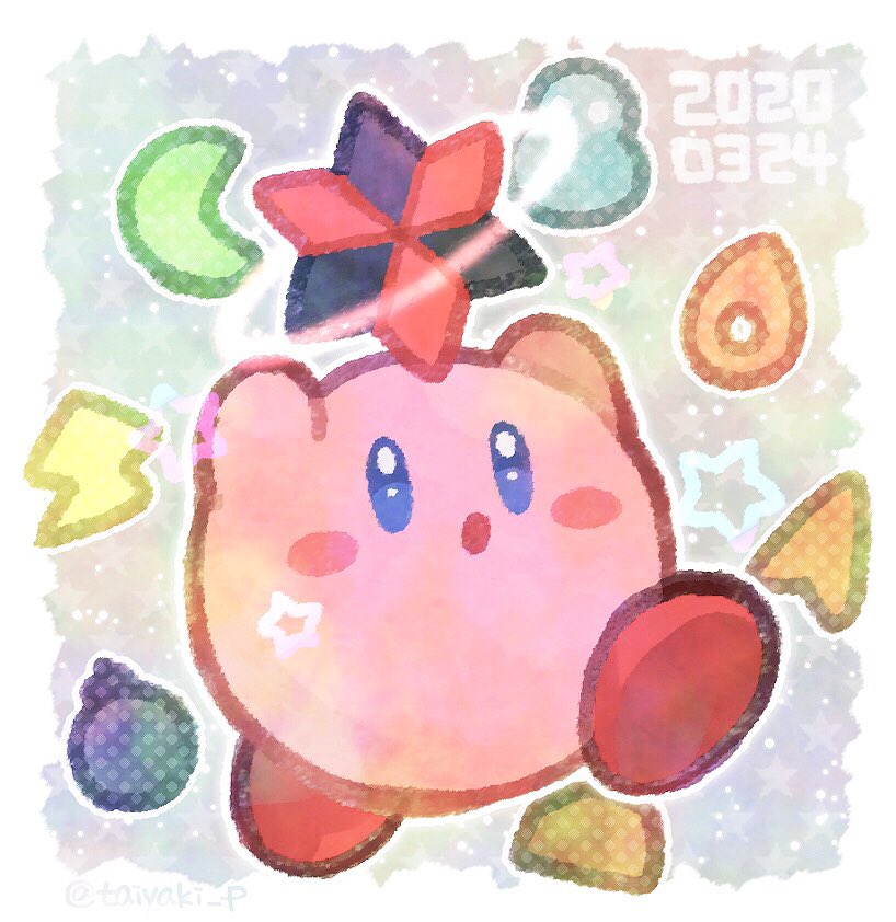 arms_up blue_eyes blush_stickers bomb border bright_pupils crescent doradorakingyo explosive holding kirby kirby_(series) kirby_64 lightning_bolt_symbol no_humans open_mouth outline solo star_(symbol) white_border white_outline white_pupils