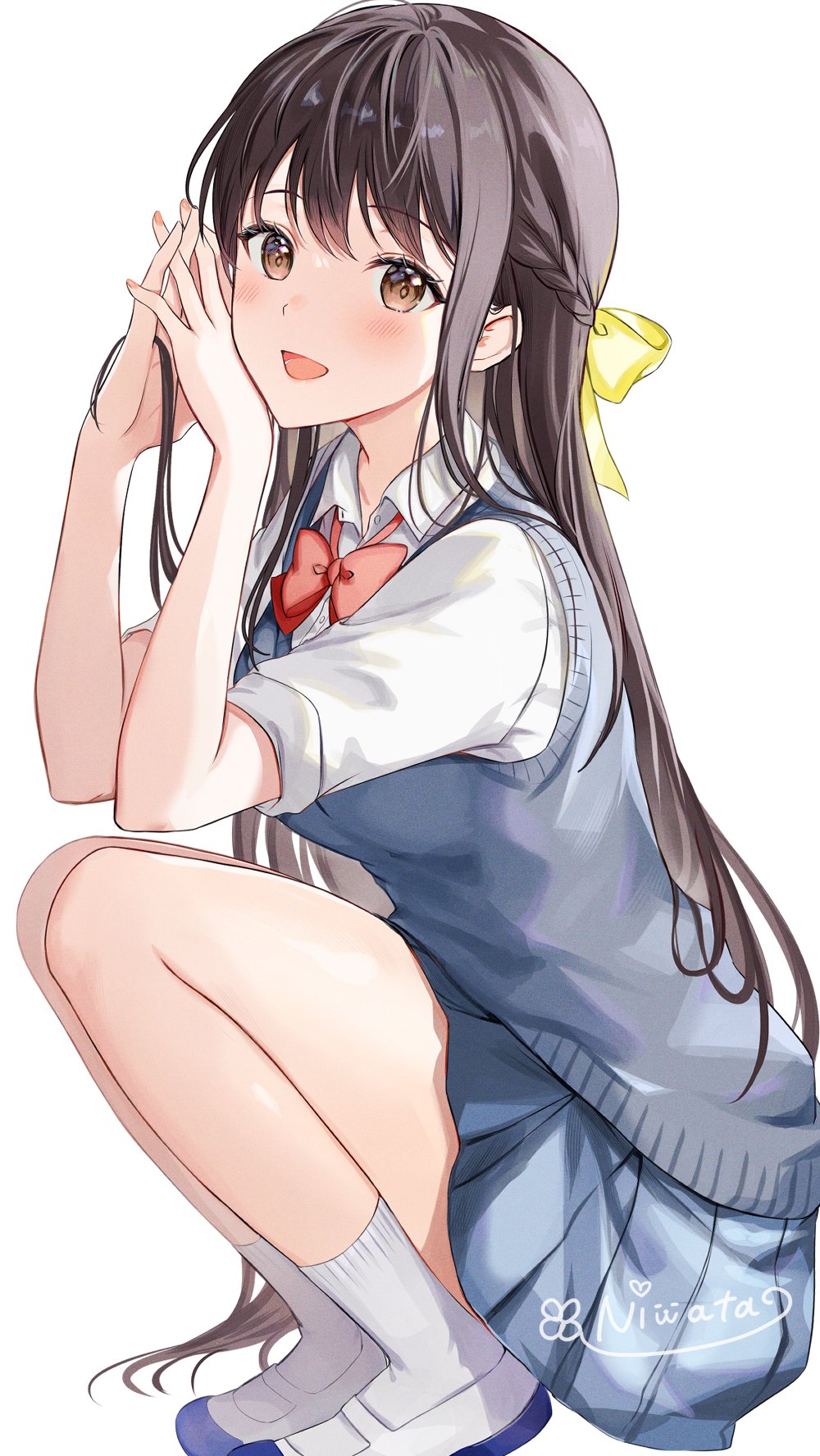 1girl black_hair blue_skirt blue_sweater_vest blush bow bowtie braid brown_eyes collared_shirt commentary_request fingernails from_side hair_bow half_updo hand_on_own_cheek hand_on_own_face hands_up highres interlocked_fingers long_hair looking_at_viewer looking_to_the_side nail_polish niwata0 open_mouth original pleated_skirt red_bow red_bowtie school_uniform shirt shoes signature simple_background skirt sleeves_rolled_up smile socks solo squatting sweater_vest thighs white_background white_shirt white_socks yellow_bow
