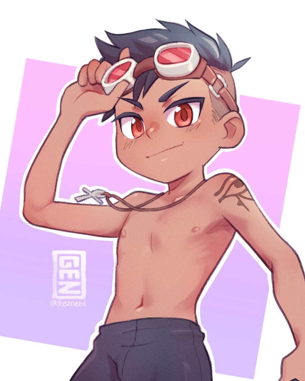 1boy arm_tattoo child commission cowboy_shot cross dark-skinned_male dark_skin english_commentary goggles goggles_on_head highres justnetd looking_at_viewer male_focus navel nipples original red_eyes simple_background smile solo tattoo topless_male