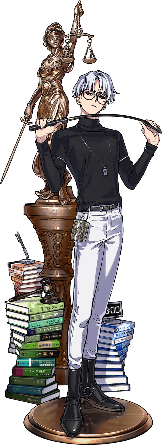 1boy alarm_clock book book_stack boots charisma_house clock closed_mouth gavel glasses highres holding jewelry kusanagi_rikai long_sleeves looking_at_viewer male_focus mallet mojisan_(ebimo) necklace official_art pants riding_boots riding_crop solo standing statue turtleneck white_hair
