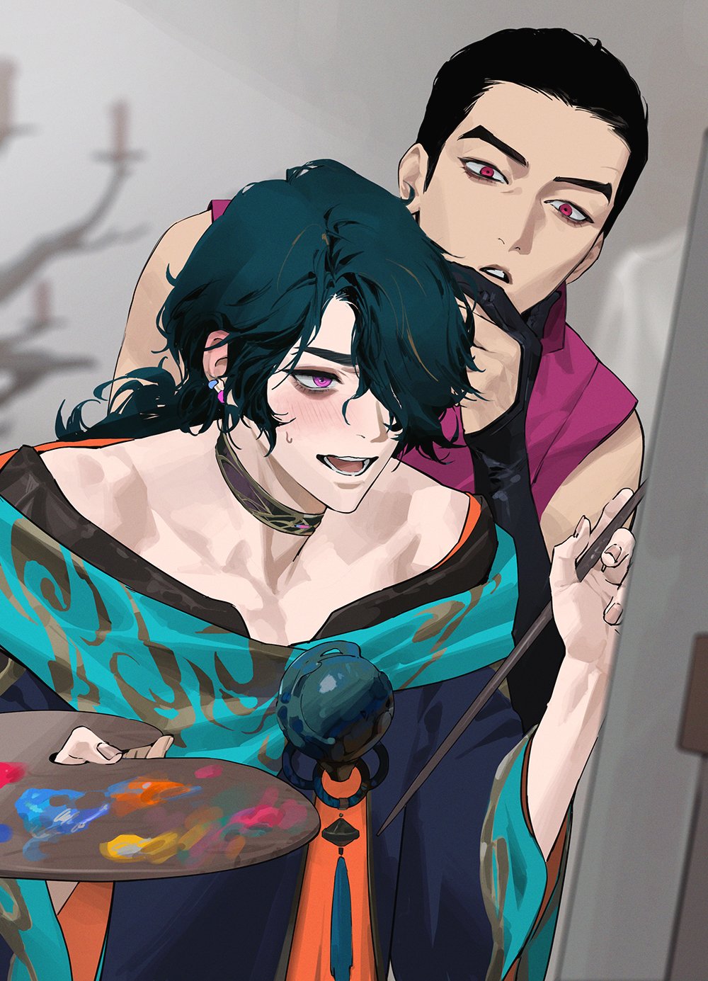2boys black_hair blush chanoo_artz collarbone earrings english_commentary fingernails green_hair hair_over_one_eye highres holding holding_brush hwei_(league_of_legends) indoors jewelry jhin league_of_legends long_hair male_focus multiple_boys open_mouth painting_(action) ponytail red_eyes short_hair sweatdrop teeth upper_body violet_eyes