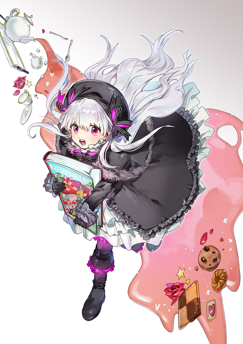 1girl alice_in_wonderland black_capelet black_footwear black_gloves black_headwear capelet chocolateonly cookie cup fate/extra fate_(series) flower food fork gloves gradient_background long_sleeves nursery_rhyme_(fate) pouring rose saucer solo spoon star_(symbol) teacup teapot violet_eyes white_hair