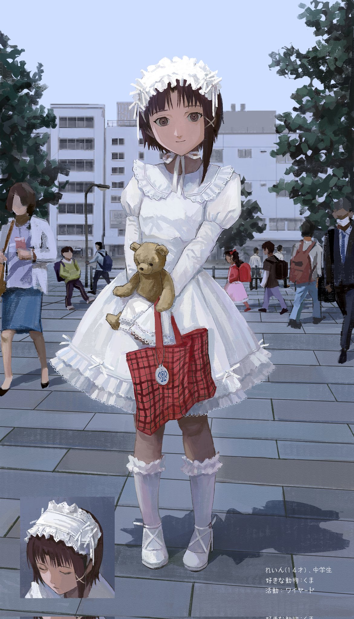 1girl asymmetrical_hair brown_eyes brown_hair building closed_mouth collar corrupted_twitter_file dress fake_magazine_scan frilled_collar frilled_dress frilled_sleeves frilled_socks frills hair_ornament hairband hairclip highres holding holding_stuffed_toy iwakura_lain lolita_fashion lolita_hairband long_sleeves looking_at_viewer multiple_views neck_ribbon people puffy_long_sleeves puffy_sleeves red_bag ribbon serial_experiments_lain short_hair smile socks solo_focus stuffed_animal stuffed_toy teddy_bear translation_request tree white_dress white_footwear white_ribbon wod x_hair_ornament