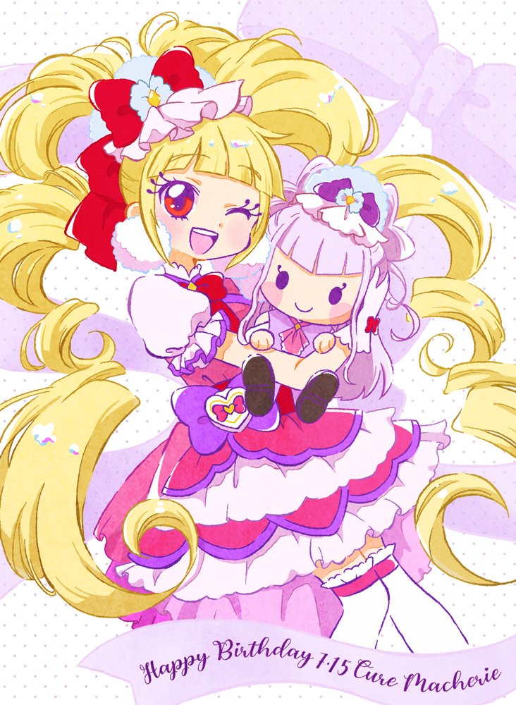 1girl aisaki_emiru blonde_hair blunt_bangs bow commentary_request cure_amour cure_macherie dress drill_hair earrings english_text gloves hair_bow hair_ornament happy_birthday heart_pouch holding holding_stuffed_toy hoppetoonaka3 hugtto!_precure jewelry layered_dress long_hair magical_girl open_mouth pom_pom_(clothes) pom_pom_earrings precure puffy_sleeves purple_bow red_bow red_eyes ruru_amour short_sleeves simple_background smile stuffed_toy thigh-highs twin_drills twintails violet_eyes white_gloves