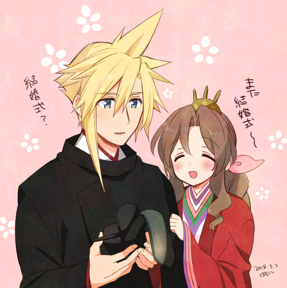 1boy 1girl aerith_gainsborough artist_name black_headwear black_kimono blonde_hair blue_eyes blush braid braided_ponytail brown_hair closed_eyes cloud_strife couple crown dated final_fantasy final_fantasy_vii hair_between_eyes hair_ribbon hand_on_another's_arm hetero hina_ningyou hinamatsuri hirabitai holding_headpiece japanese_clothes kimono krudears layered_clothes layered_kimono long_hair official_alternate_costume open_mouth parted_bangs parted_lips pink_background pink_ribbon red_kimono ribbon saishi short_hair sidelocks single_braid smile spiky_hair upper_body wavy_hair wide_sleeves