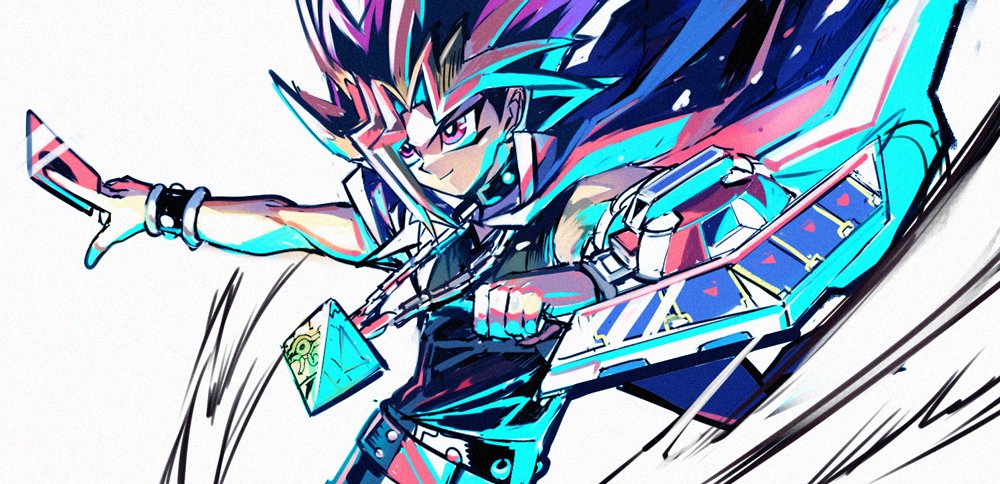 1boy black_hair blonde_hair card clenched_hand duel_disk holding holding_card male_focus millennium_puzzle multicolored_hair purple_hair shi_(shooo_ttt) smile solo upper_body violet_eyes yami_yuugi yu-gi-oh! yu-gi-oh!_duel_monsters