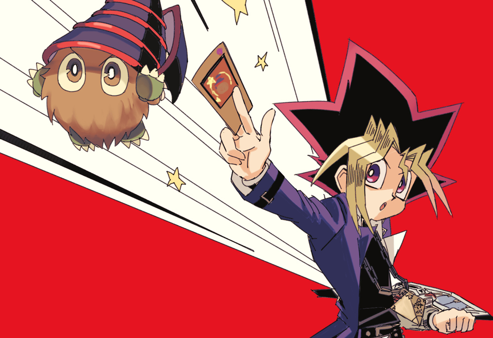 black_hair blonde_hair brown_eyes card dark_magician duel_disk duel_monster floating hat holding holding_card jacket kuriboh male_focus millennium_puzzle multicolored_hair mutou_yuugi open_clothes open_jacket purple_hair shi_(shooo_ttt) violet_eyes yu-gi-oh! yu-gi-oh!_duel_monsters