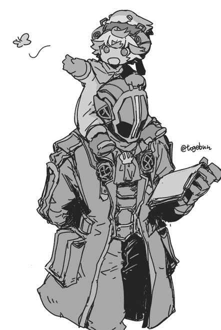 1boy 1girl animal_on_head arm_behind_back bondrewd bug butterfly child clipboard coat collared_capelet father_and_daughter gloves greyscale hand_on_another's_head helm helmet high_collar holding holding_clipboard looking_at_animal looking_at_object made_in_abyss meinya_(made_in_abyss) monochrome on_head open_mouth outstretched_arm overcoat pocket prushka short_hair simple_background sitting_on_shoulder smile suit toge_(owannun) twitter_username white_background