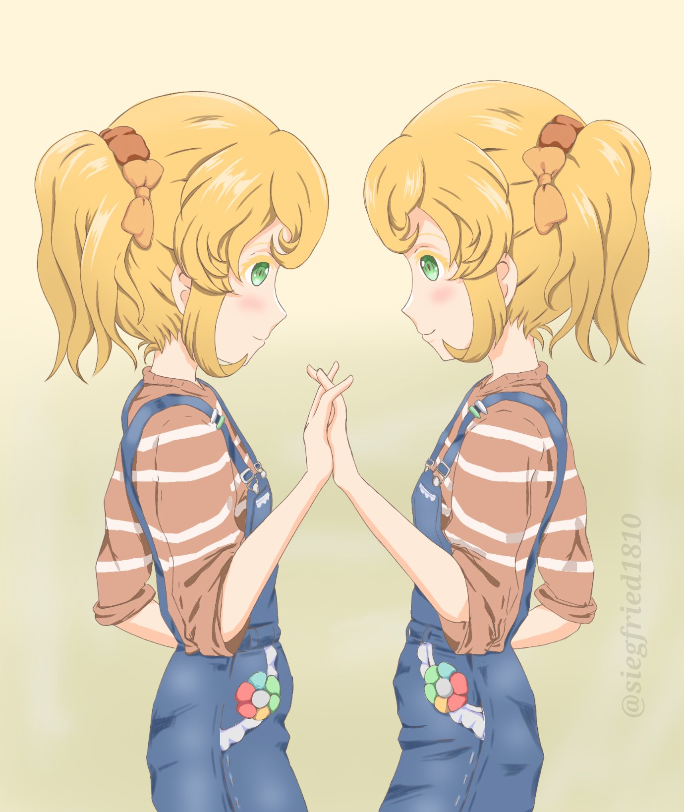 2girls blonde_hair face-to-face green_eyes hair_ornament highres holding_hands loli multiple_girls reverse:1999 siblings side_ponytail siegfried1810 twins twins_sleep