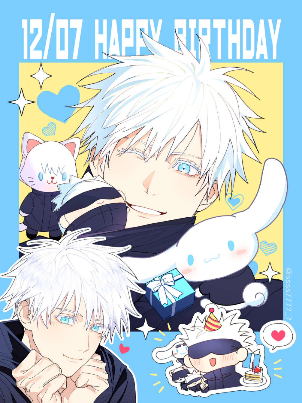 1boy black_blindfold black_jacket blindfold blue_background blue_eyes blush box character_doll cinnamoroll closed_mouth covered_eyes dated gift gift_box gojou_satoru hands_up happy_birthday heart highres jacket jujutsu_kaisen looking_at_viewer male_focus one_eye_closed sanrio short_hair smile speech_bubble ssss7777_7 white_hair yellow_background