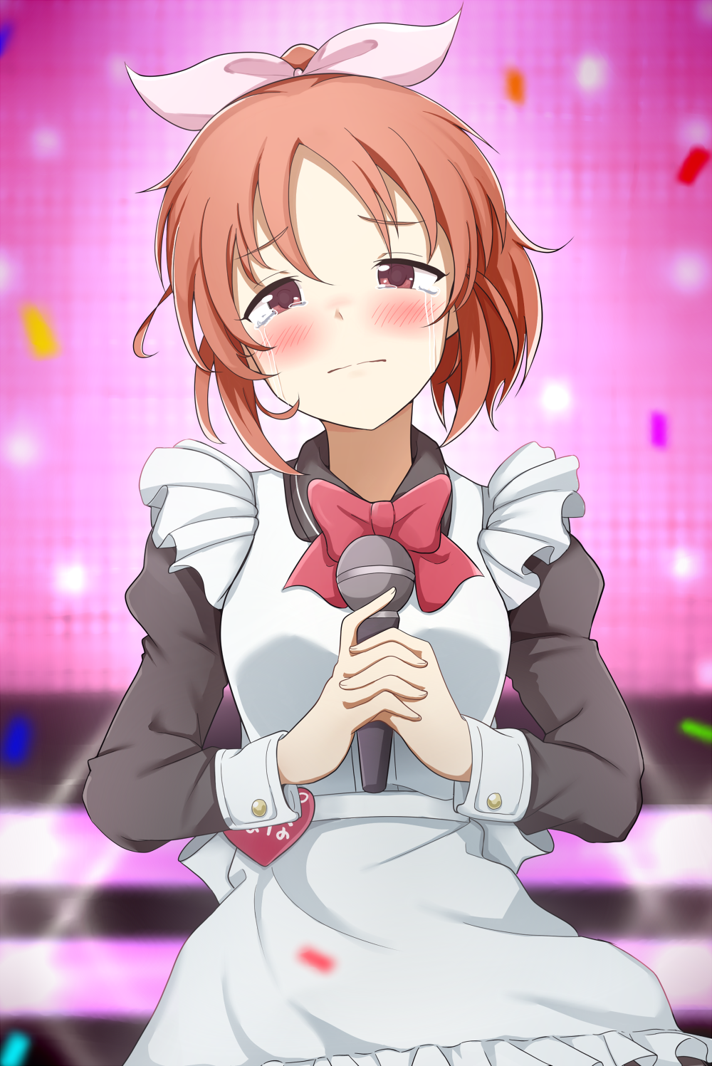 1girl abe_nana apron black_dress blurry blurry_background blush bow bowtie breasts brown_eyes brown_hair character_name closed_mouth confetti dot_nose dress frilled_apron frills hair_bow hair_ribbon hands_up highres holding holding_microphone idolmaster idolmaster_cinderella_girls idolmaster_cinderella_girls_starlight_stage karikura_(atatata71) long_sleeves looking_at_viewer medium_breasts microphone name_tag pink_ribbon ponytail puffy_long_sleeves puffy_sleeves red_bow red_bowtie ribbon screen short_hair smile solo stage tears white_apron