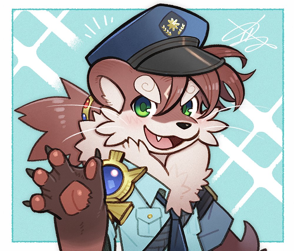 1boy animal_ears blue_background blue_necktie border brown_hair chest_tuft commentary_request fang furry furry_male green_eyes hat long_hair low_ponytail male_focus necktie open_mouth otter_(housamo) otter_boy otter_ears pawpads police police_hat police_uniform signature simple_background smile solo sparkle thick_eyebrows tokyo_afterschool_summoners uniform upper_body white_border yamainuken