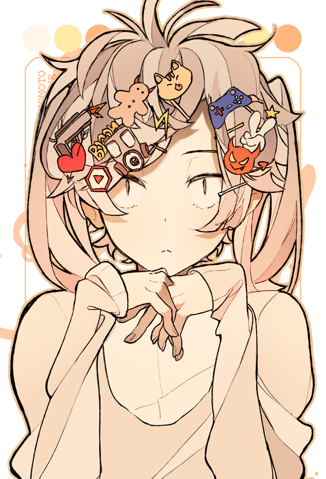 1girl :&lt; alternate_hair_color ama_(i-ekk) animal_hair_ornament arrow_through_heart border brown_eyes brown_sweater character_name circle closed_mouth enomoto_takane fingernails food-themed_hair_ornament frown gingerbread_man_hair_ornament gradient_hair hair_ornament hairclip heart heart_hair_ornament hexagon hexagon_hair_ornament inset_border kagerou_project lightning_bolt_hair_ornament lightning_bolt_symbol long_hair long_sleeves looking_at_viewer multicolored_hair orange_border orange_outline outside_border own_hands_together rounded_corners solo star_(symbol) star_hair_ornament straight-on sweater text_hair_ornament too_many too_many_hair_ornaments too_many_hairclips twintails upper_body white_background
